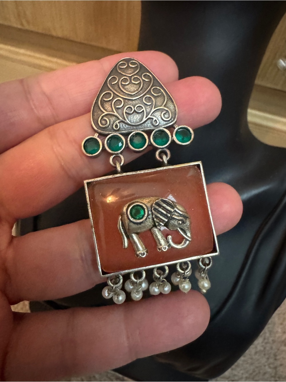 Silver-Tone Elephant Earings with Green Accent Stones